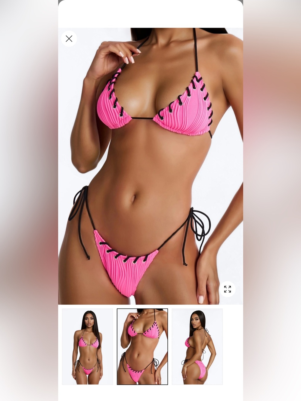 Fashion Nova Neon Pink Lace-Up Triangle Bikini with Black Ties